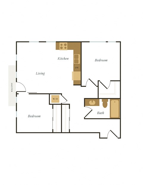Floor plan for 2 beds, 1 bath, 872 sqft
